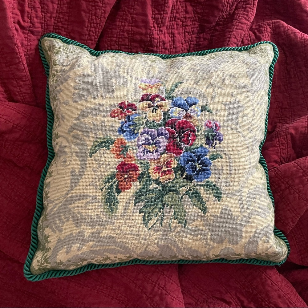 Vintage Needlepoint Floral Accent Pillow